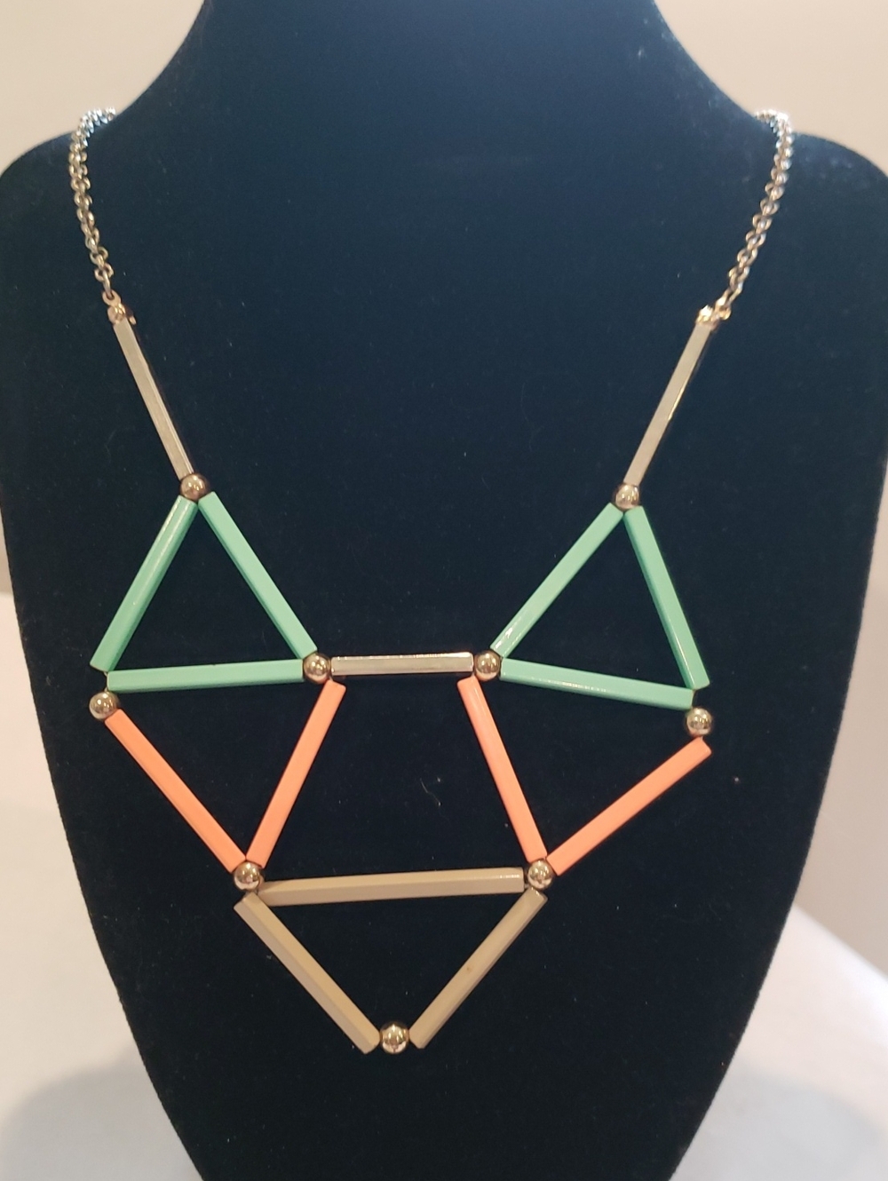 Geometric Statement Necklace in Mint Green, Peach & Metal